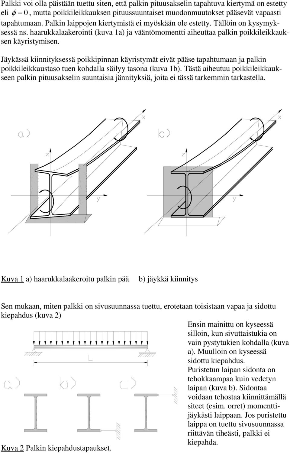 Jäykässä kiinnityksessä poikkipinnan käyristymät eivät pääse tapahtumaan ja palkin poikkileikkaustaso tuen kohdalla säilyy tasona (kuva b).