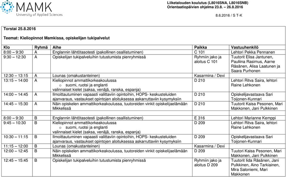 tutustumista pienryhmissä Ryhmiin jako ja aloitus C 101 Tuutorit Elisa Jantunen, 12:30 13:15 A Lounas (omakustanteinen) Kasarmina / Dexi 13:15 14:00 A Kieliopinnot ammattikorkeakoulussa o suomi,