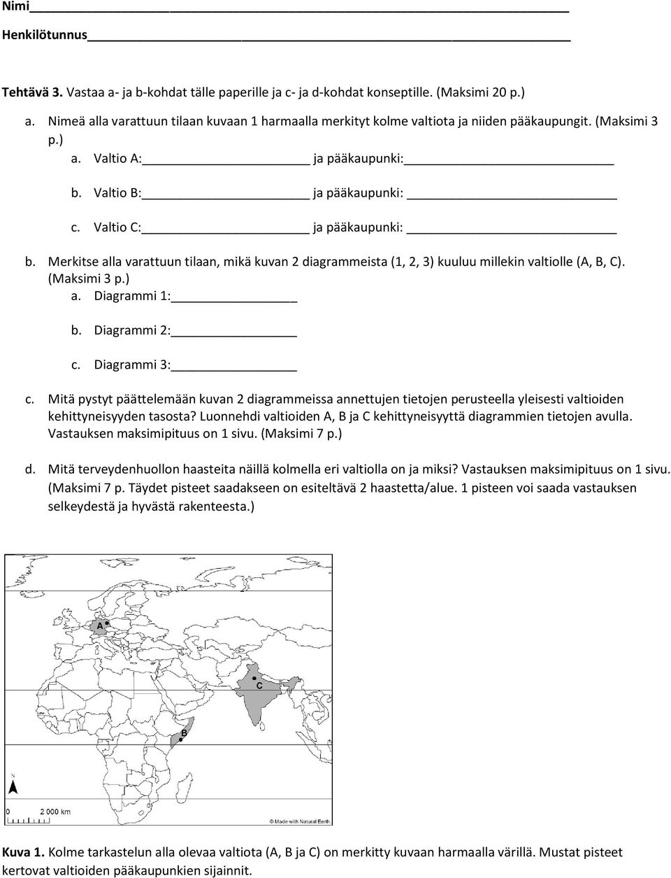 Merkitse alla varattuun tilaan, mikä kuvan 2 diagrammeista (1, 2, 3) kuuluu millekin valtiolle (A, B, C). (Maksimi 3 p.) a. Diagrammi 1: b. Diagrammi 2: c. Diagrammi 3: c.
