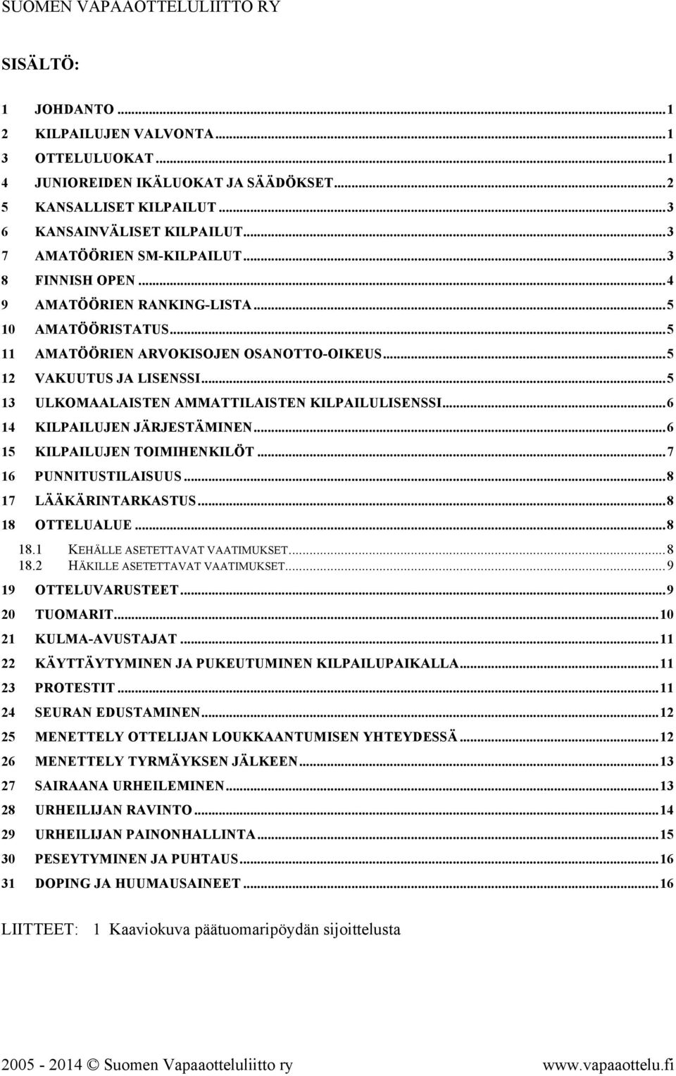 ..5 13 ULKOMAALAISTEN AMMATTILAISTEN KILPAILULISENSSI...6 14 KILPAILUJEN JÄRJESTÄMINEN...6 15 KILPAILUJEN TOIMIHENKILÖT...7 16 PUNNITUSTILAISUUS...8 17 LÄÄKÄRINTARKASTUS...8 18 