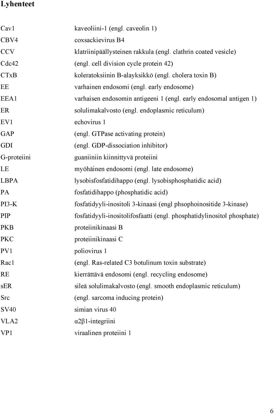 early endosomal antigen 1) ER solulimakalvosto (engl. endoplasmic reticulum) EV1 echovirus 1 GAP (engl. GTPase activating protein) GDI (engl.