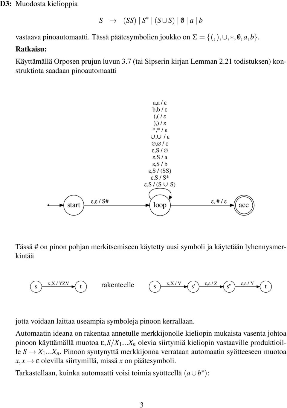 21 todistuksen) konstruktiota saadaan pinoautomaatti a,a / ε b,b / ε (,( / ε ),) / ε *,* / ε, / ε, / ε ε,s / ε,s / a ε,s / b ε,s / (SS) ε,s / S* ε,s / (S S) start ε,ε / S# loop ε, # / ε acc Tässä #