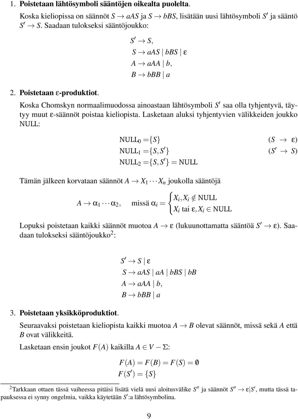 Lasketaan aluksi tyhjentyvien välikkeiden joukko NULL: NULL 0 ={S} (S ε) NULL 1 ={S,S } (S S) NULL 2 ={S,S } = NULL Tämän jälkeen korvataan säännöt A X 1 X n joukolla sääntöjä { X i,x i / NULL A α 1