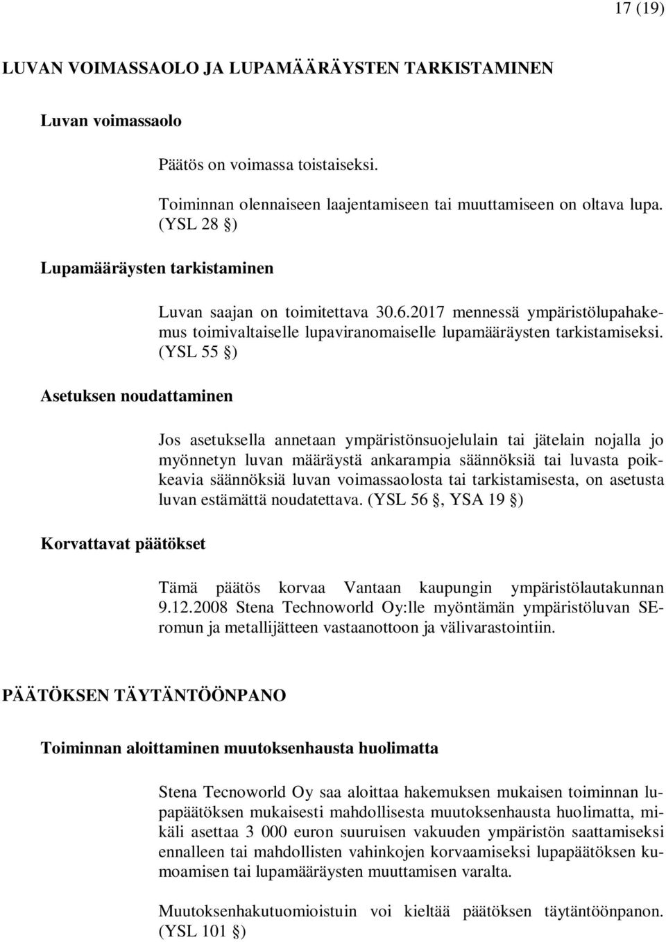 2017 mennessä ympäristölupahakemus toimivaltaiselle lupaviranomaiselle lupamääräysten tarkistamiseksi.