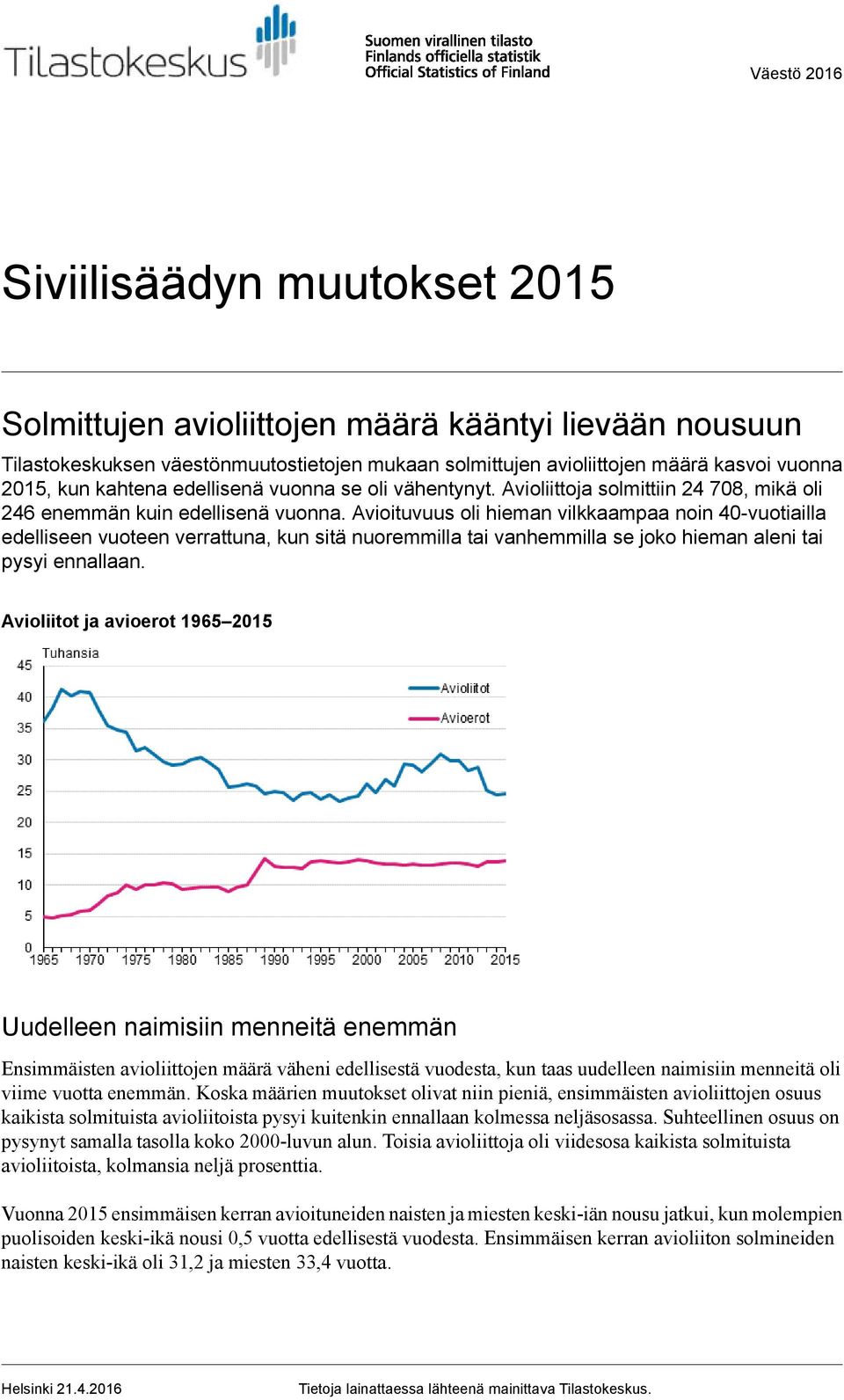 Avioituvuus oli hieman vilkkaampaa noin 40-vuotiailla edelliseen vuoteen verrattuna, kun sitä nuoremmilla tai vanhemmilla se joko hieman aleni tai pysyi ennallaan.