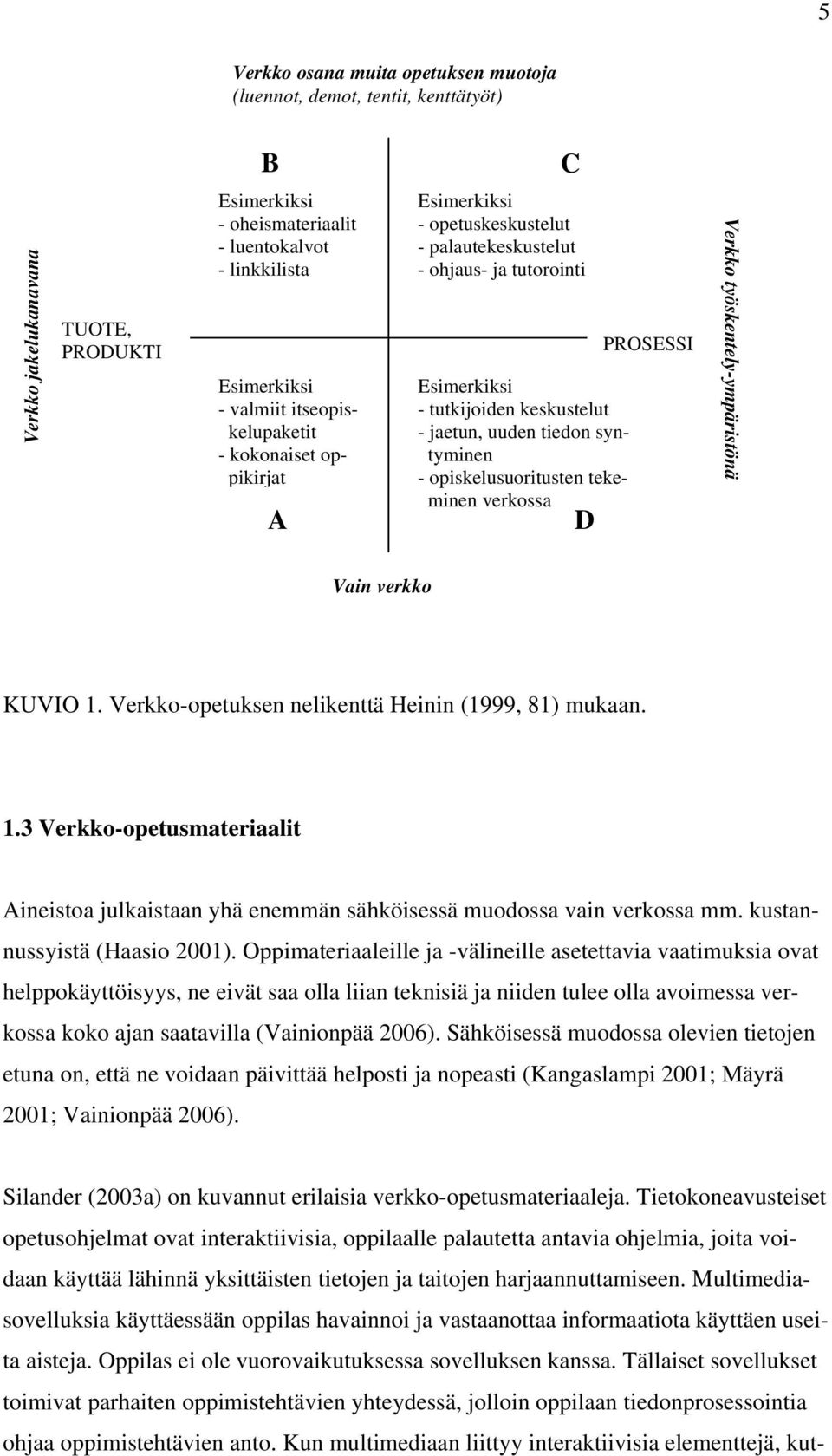 opiskelusuoritusten tekeminen verkossa D PROSESSI Verkko työskentely-ympäristönä Vain verkko KUVIO 1. Verkko-opetuksen nelikenttä Heinin (1999, 81) mukaan. 1.3 Verkko-opetusmateriaalit Aineistoa julkaistaan yhä enemmän sähköisessä muodossa vain verkossa mm.