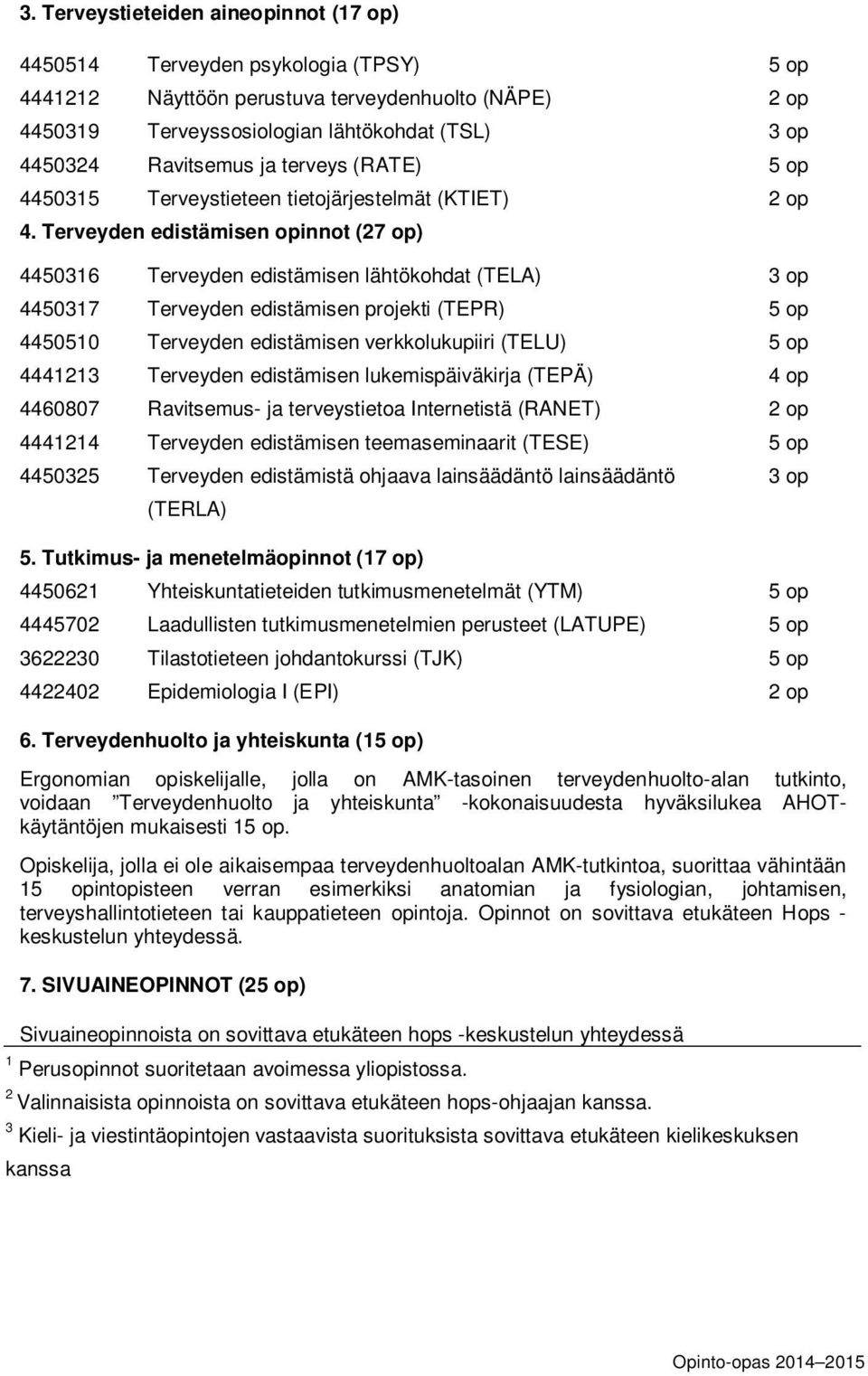 Terveyden edistämisen opinnot (27 op) 4450316 Terveyden edistämisen lähtökohdat (TELA) 3 op 4450317 Terveyden edistämisen projekti (TEPR) 5 op 4450510 Terveyden edistämisen verkkolukupiiri (TELU) 5