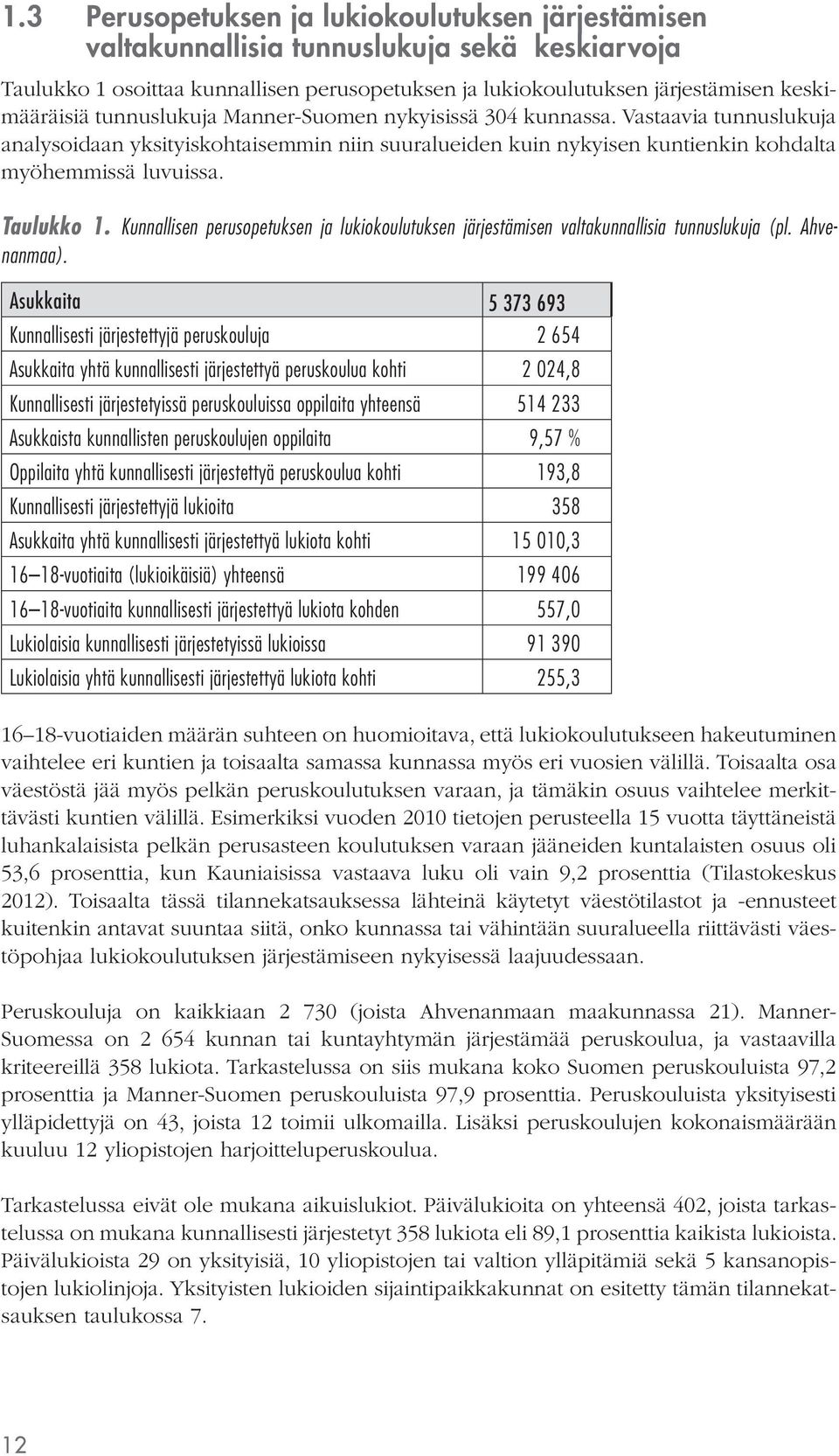 Kunnallisen perusopetuksen ja lukiotuksen järjestämisen valtakunnallisia tunnuslukuja (pl. Ahvenanmaa).