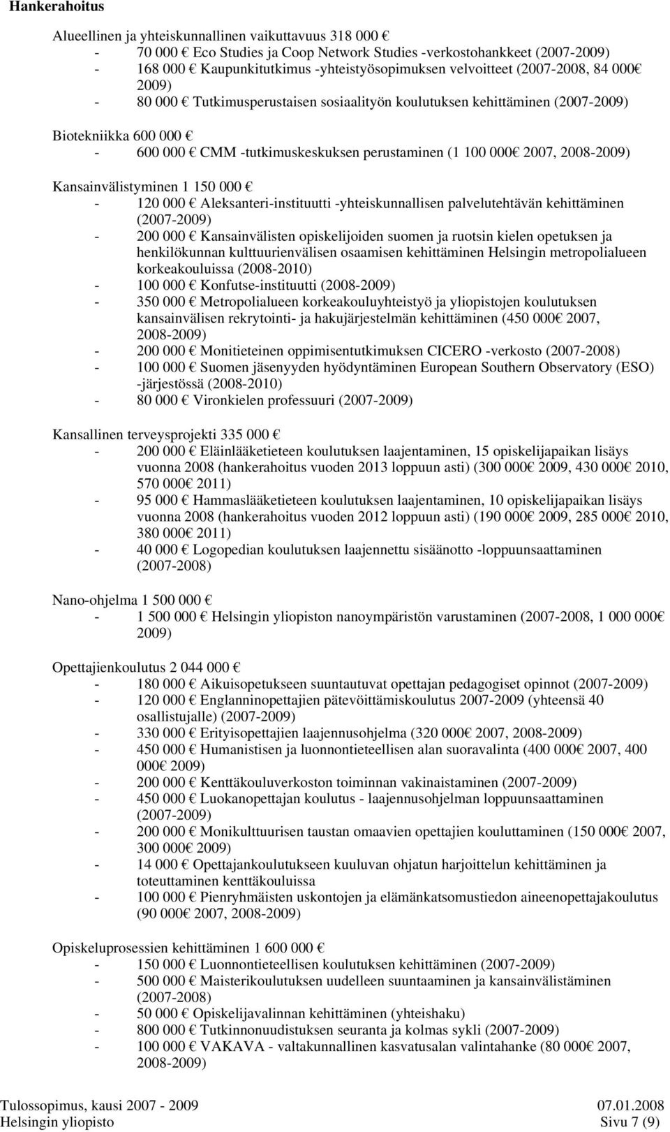 2008-2009) Kansainvälistyminen 1 150 000-120 000 Aleksanteri-instituutti -yhteiskunnallisen palvelutehtävän kehittäminen (2007-2009) - 200 000 Kansainvälisten opiskelijoiden suomen ja ruotsin kielen