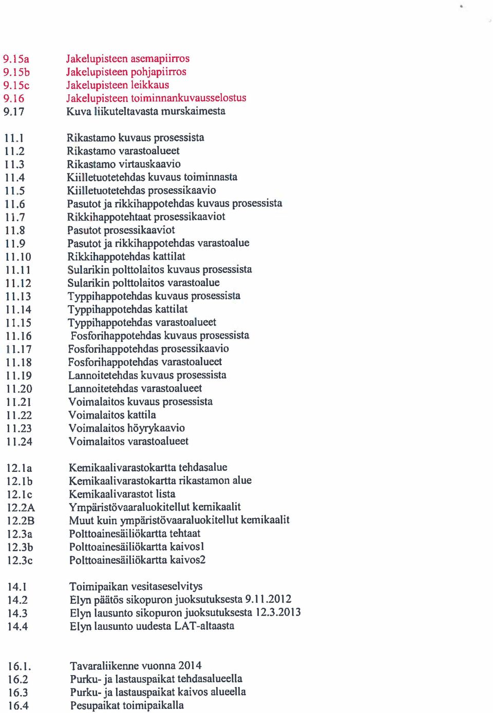 6 Pasutotja dkkihappotehdas kuvaus prosessista 11.7 Rikkihappotehtaat prosessikaaviot 11.8 Pasutot prosessikaaviot 11.9 Pasutot ja rikkihappotehdas varastoalue 11.10 Rikkihappotehdas kattilat 11.