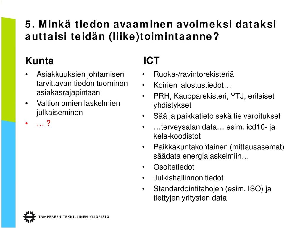 ICT Ruoka-/ravintorekisteriä Koirien jalostustiedot PRH, Kaupparekisteri, YTJ, erilaiset yhdistykset Sää ja paikkatieto sekä tie