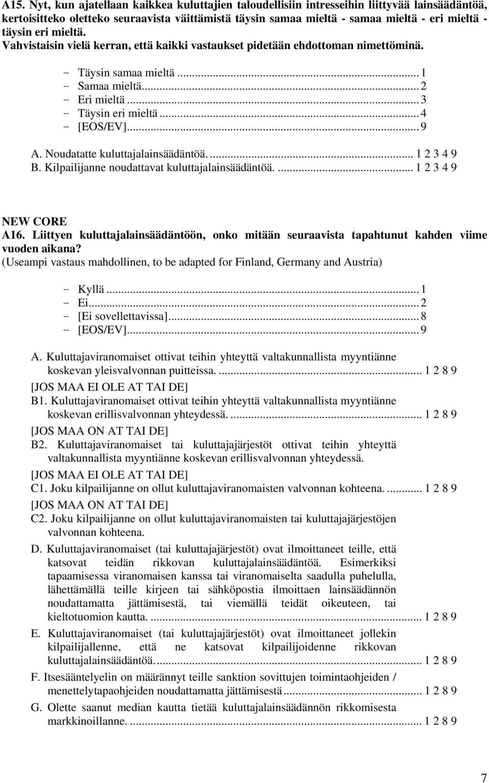 Noudatatte kuluttajalainsäädäntöä.... 1 2 3 4 9 B. Kilpailijanne noudattavat kuluttajalainsäädäntöä.... 1 2 3 4 9 CORE A16.