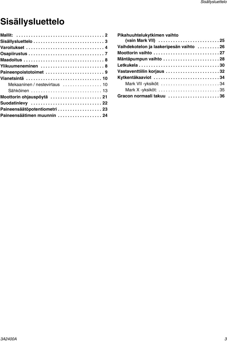 ............... 10 Sähköinen............................. 13 Moottorin ohjauspöytä..................... 21 Suodatinlevy............................. 22 Paineensäätöpotentiometri.