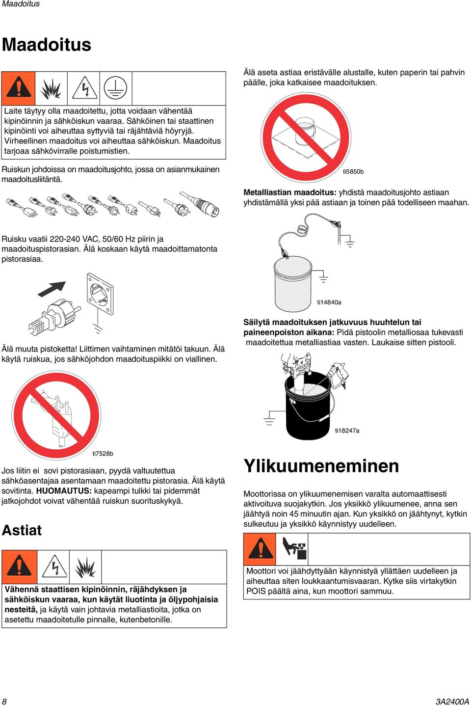 Virheellinen maadoitus voi aiheuttaa sähköiskun. Maadoitus tarjoaa sähkövirralle poistumistien. Ruiskun johdoissa on maadoitusjohto, jossa on asianmukainen maadoitusliitäntä.