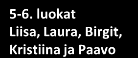 JOHDOKKAAT Pirjo M(vara Henna), Marko(vara Katja Y), Liisa(vara Paavo) Minna (Innokas! ope) + rehtori ja apulaisrehtorit KOKOONTUU KESKIVIIKKOISIN klo 14.