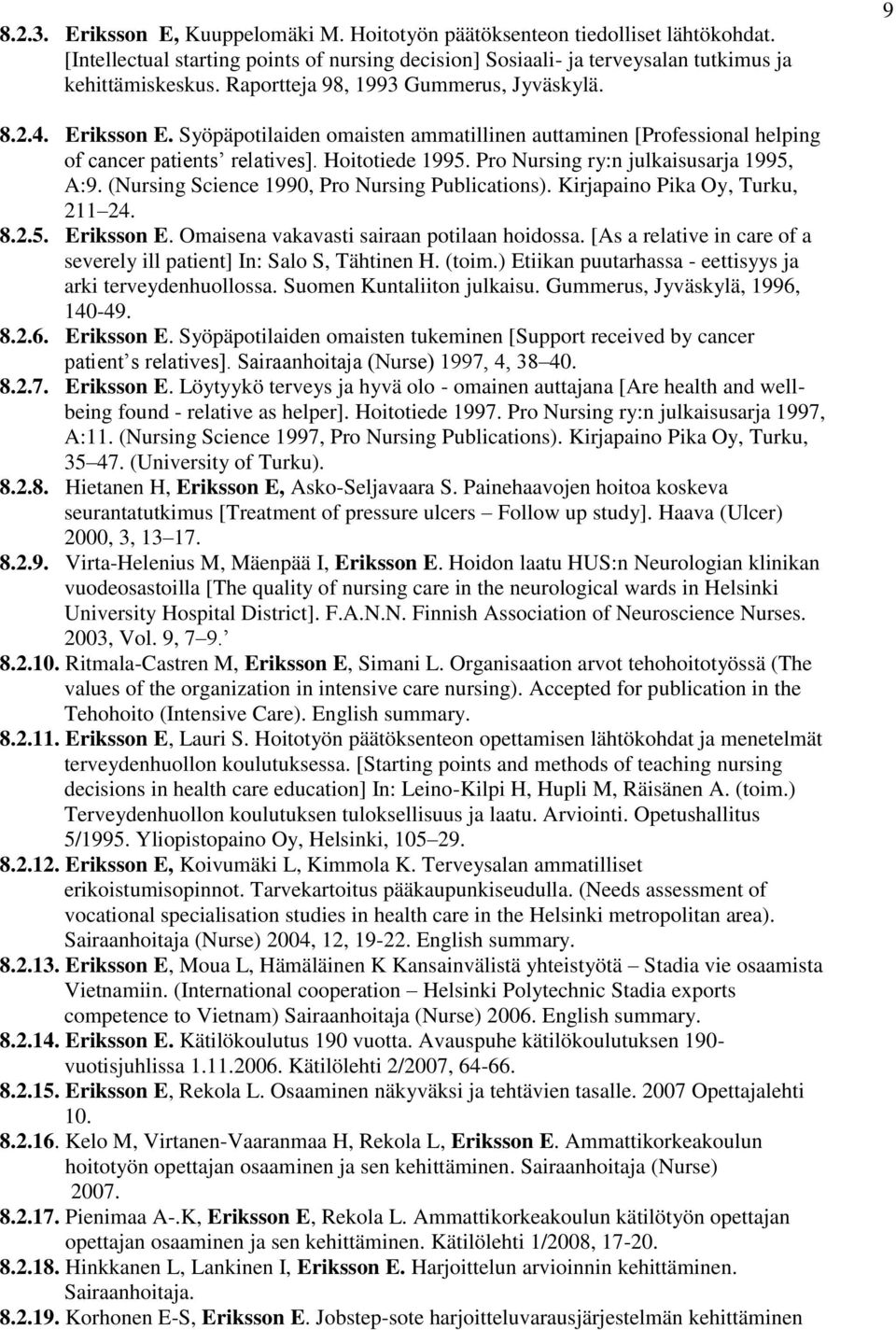 Pro Nursing ry:n julkaisusarja 1995, A:9. (Nursing Science 1990, Pro Nursing Publications). Kirjapaino Pika Oy, Turku, 211 24. 8.2.5. Eriksson E. Omaisena vakavasti sairaan potilaan hoidossa.