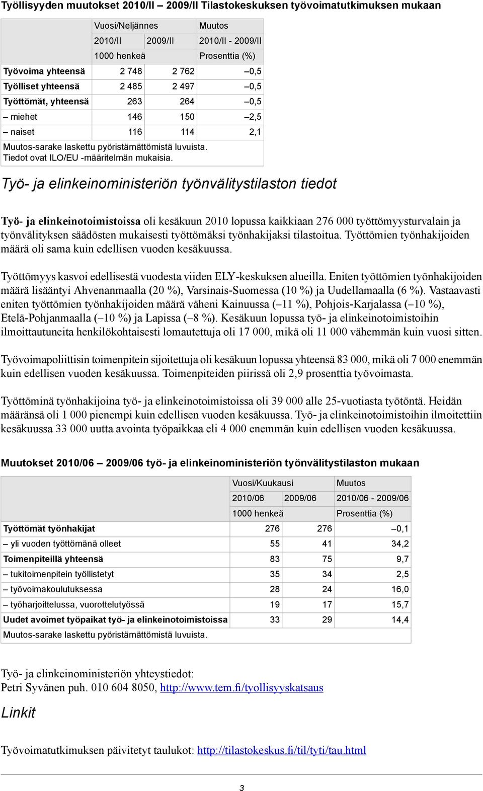 - 0,5 0,5 0,5 2,5 Työ- ja elinkeinoministeriön työnvälitystilaston tiedot 2,1 Työ- ja elinkeinotoimistoissa oli kesäkuun 2010 lopussa kaikkiaan 276 000 työttömyysturvalain ja työnvälityksen säädösten