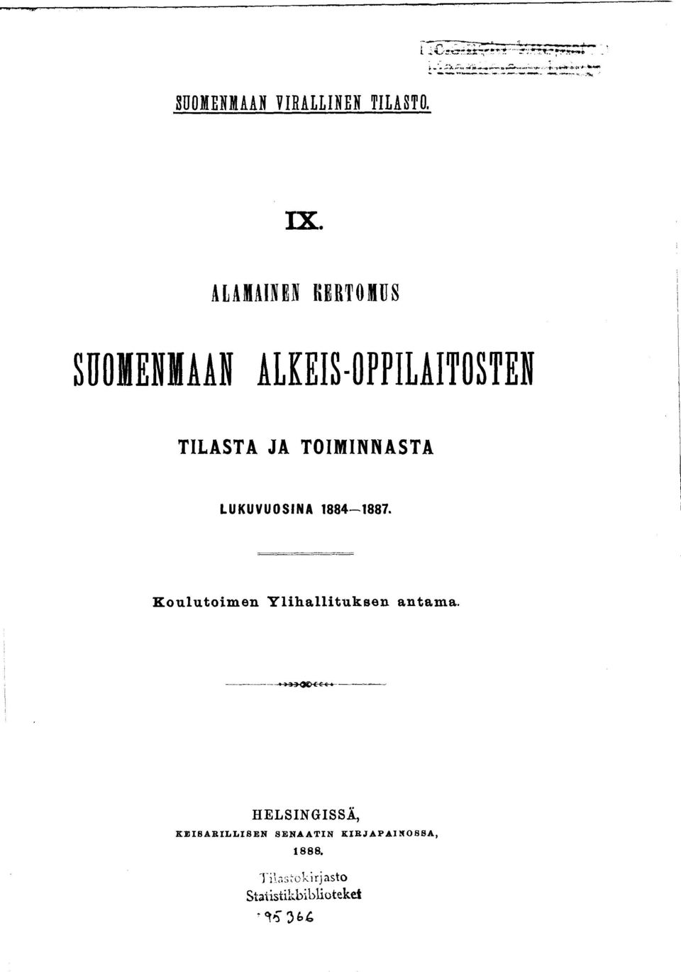TOIMINNASTA LUKUVUOSINA 1884-1887. Koulutoimen Y lihallituksen antama.