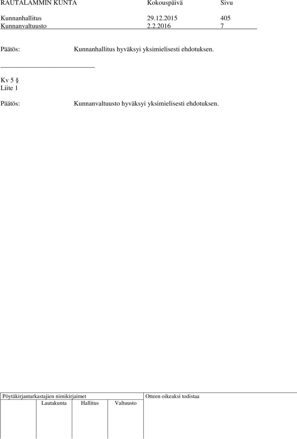 Kunnanhallitus hyväksyi yksimielisesti