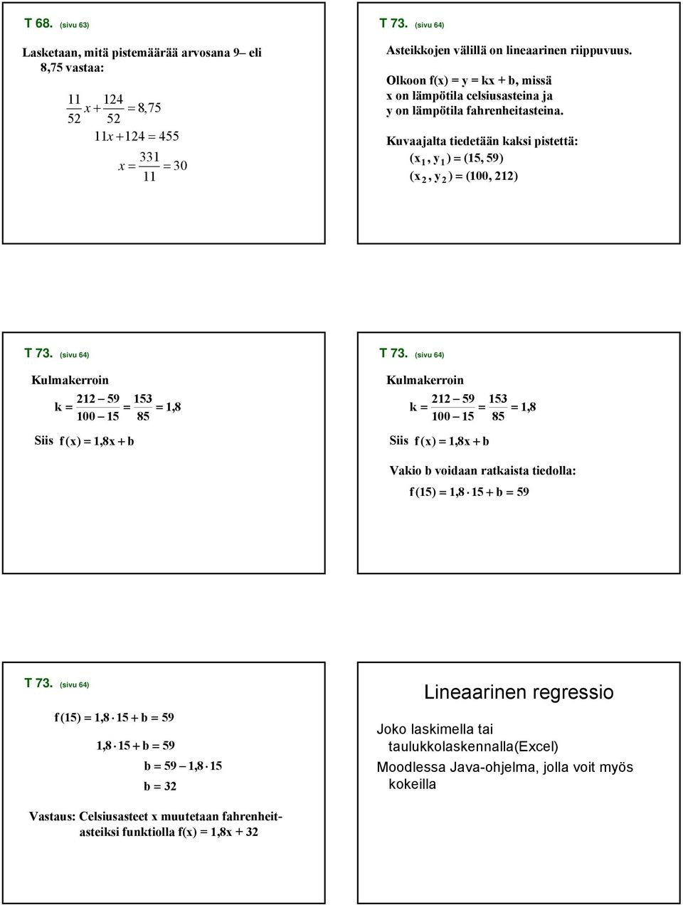 (sivu 64) Kulmakerroin 9 k = = =,8 00 8 Siis f () =,8 + b T 7. (sivu 64) Kulmakerroin 9 k = = =,8 00 8 Siis f () =,8 + b Vakio b voidaan ratkaista tiedolla: f () =,8 + b = 9 T 7.