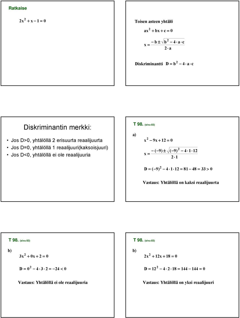 (sivu 8) a) 9 + = 0 ( 9) ± = ( 9) 4 D = ( 9) 4 = 8 48 = > 0 Vastaus: Yhtälöllä on kaksi reaalijuurta T 98. (sivu 8) T 98.