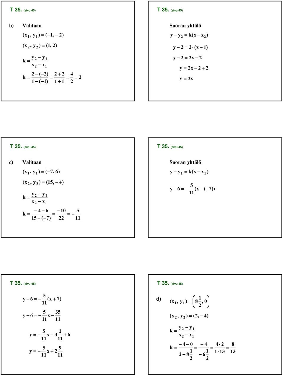 = k( ) y = ( ) y = y = + y =  (sivu 4) c) Valitaan (, y ) = ( 7, 6) (, y ) = (, 4) y k = y 4 6 0 k