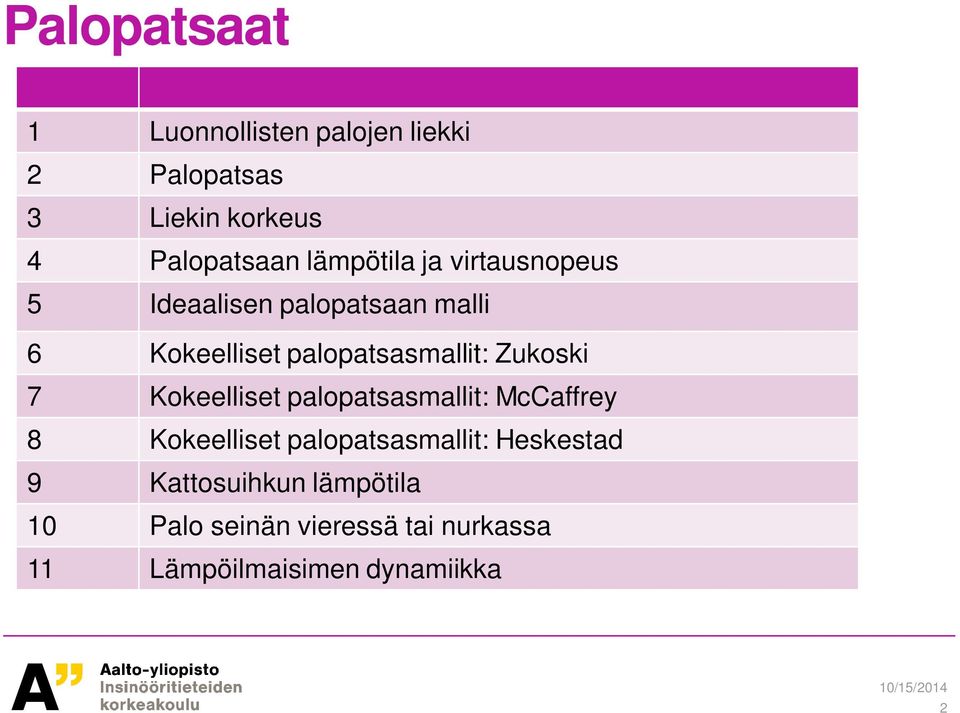 Zukoski 7 Kokeelliset palopatsasmallit: McCaffrey 8 Kokeelliset palopatsasmallit: