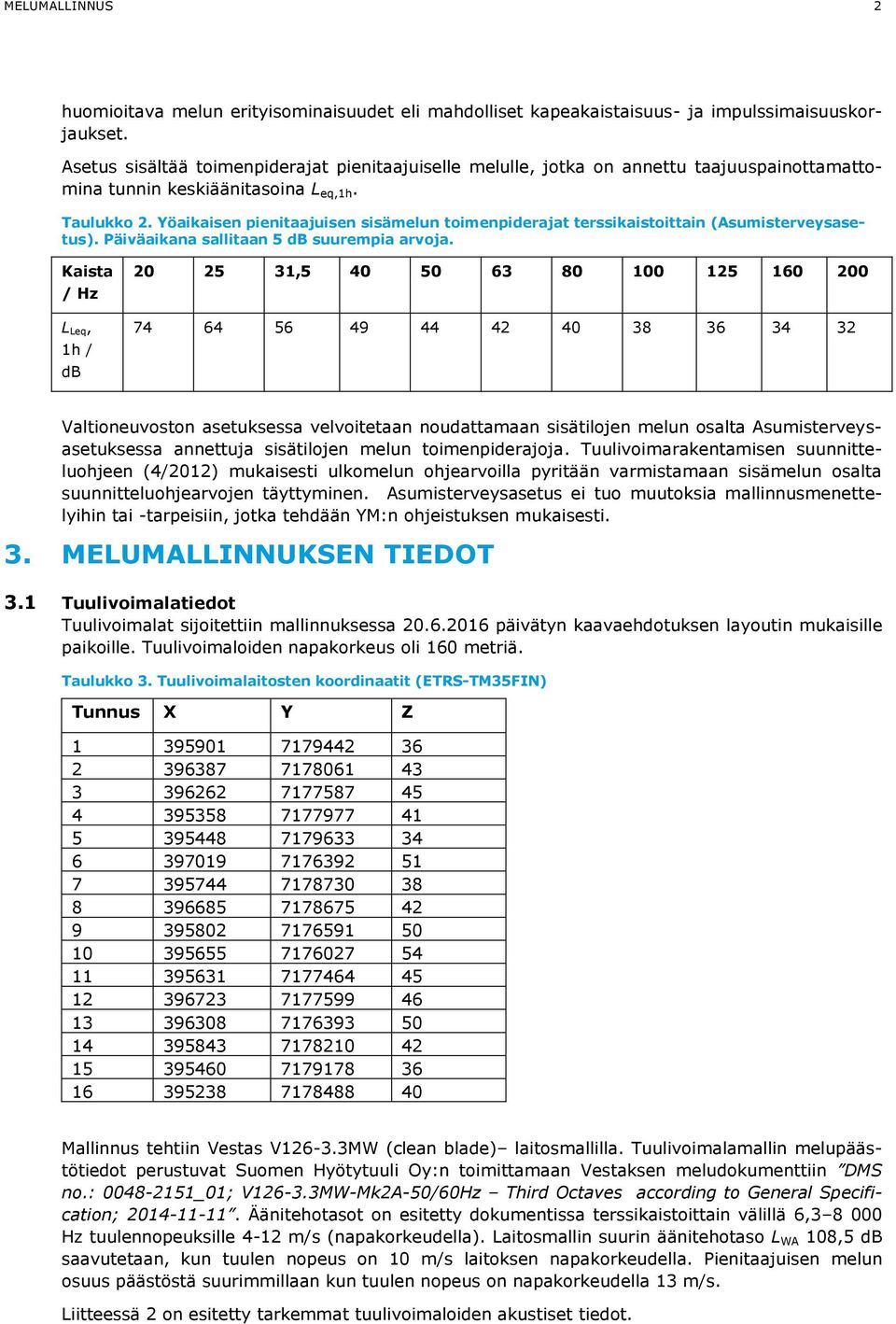 Yöaikaisen pienitaajuisen sisämelun toimenpiderajat terssikaistoittain (Asumisterveysasetus). Päiväaikana sallitaan 5 db suurempia arvoja.