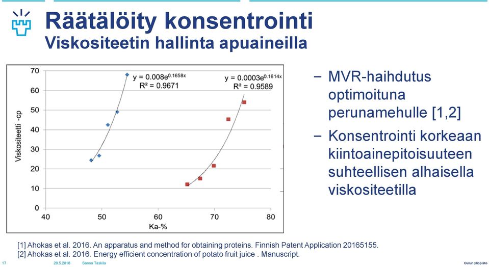 Ahokas et al. 2016. An apparatus and method for obtaining proteins. Finnish Patent Application 20165155.