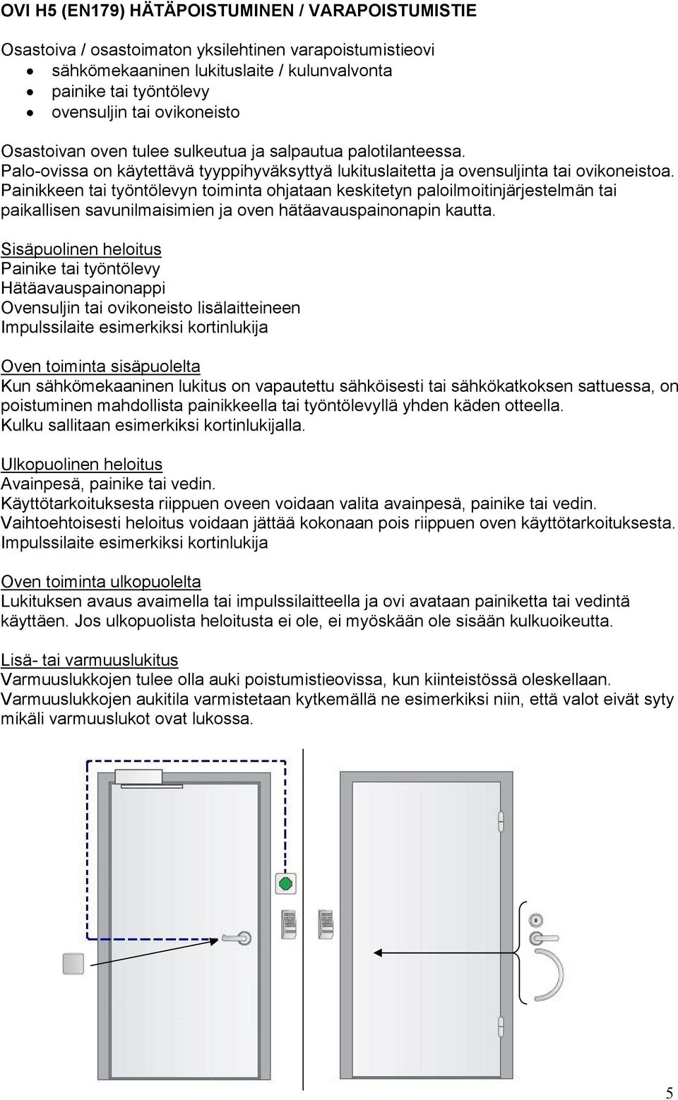 Painikkeen tai työntölevyn toiminta ohjataan keskitetyn paloilmoitinjärjestelmän tai paikallisen savunilmaisimien ja oven hätäavauspainonapin kautta.