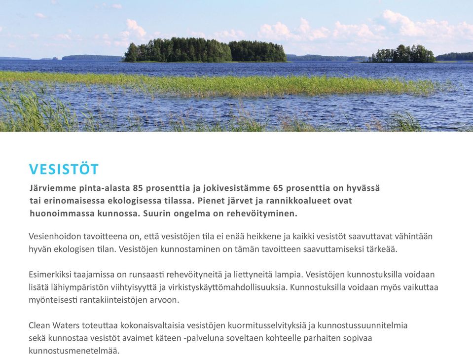 Vesistöjen kunnostaminen on tämän tavoitteen saavuttamiseksi tärkeää. Esimerkiksi taajamissa on runsaasti rehevöityneitä ja liettyneitä lampia.