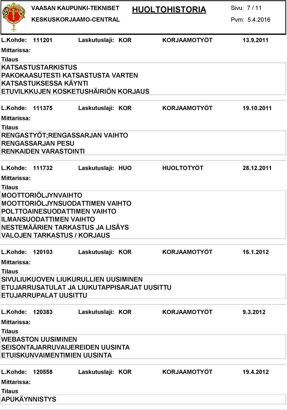 1.2012 SIVULIUKUOVEN LIUKURULLIEN UUSIMINEN ETUJARRUSATULAT JA LIUKUTAPPISARJAT UUSITTU ETUJARRUPALAT UUSITTU L.