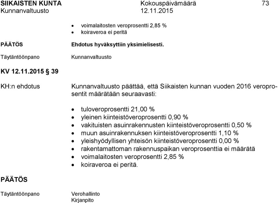 kiinteistöveroprosentti 0,90 % vakituisten asuinrakennusten kiinteistöveroprosentti 0,50 % muun asuinrakennuksen kiinteistöveroprosentti 1,10