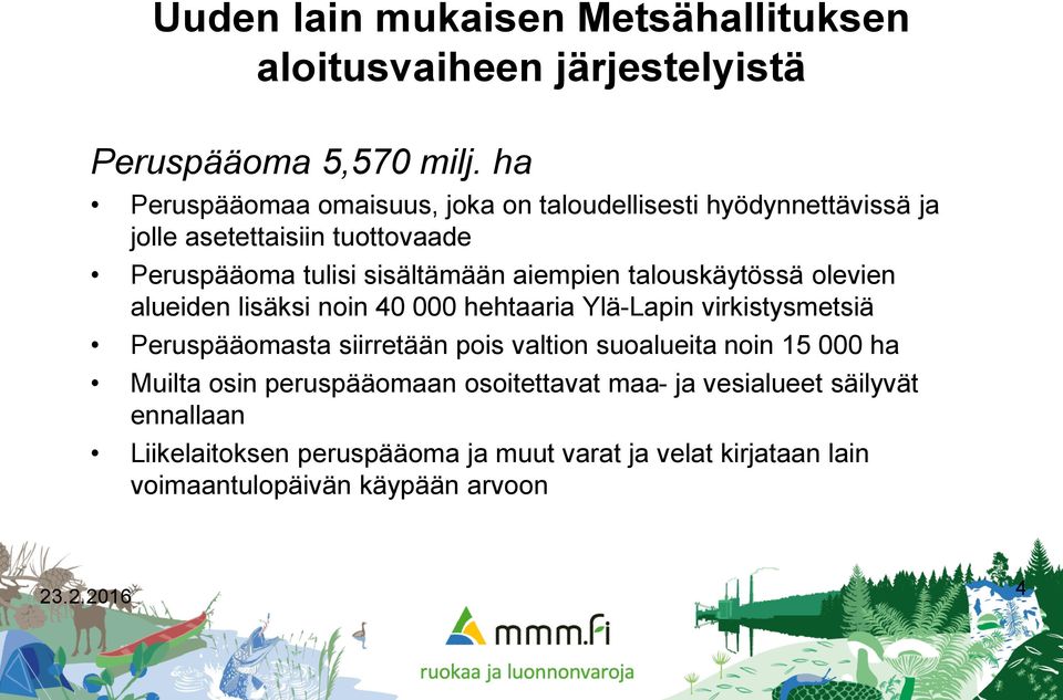 aiempien talouskäytössä olevien alueiden lisäksi noin 40 000 hehtaaria Ylä-Lapin virkistysmetsiä Peruspääomasta siirretään pois valtion