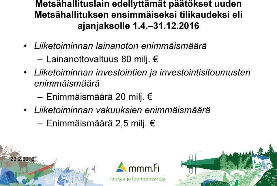 2016 Liiketoiminnan lainanoton enimmäismäärä Lainanottovaltuus 80 milj.