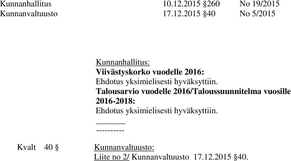 2015 40 No 5/2015 Kunnanhallitus: Viivästyskorko vuodelle 2016: Ehdotus