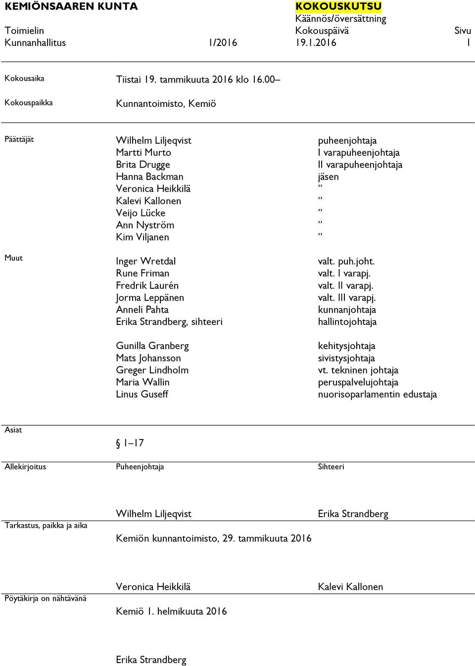 Rune Friman Fredrik Laurén Jorma Leppänen Anneli Pahta Erika Strandberg, sihteeri Gunilla Granberg Mats Johansson Greger Lindholm Maria Wallin Linus Guseff puheenjohtaja I varapuheenjohtaja II