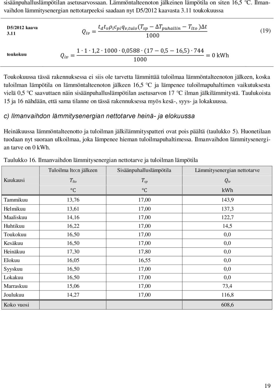 11 (19) toukokuu Toukokuussa tässä rakennuksessa ei siis ole tarvetta lämmittää tuloilmaa lämmöntalteenoton jälkeen, koska tuloilman lämpötila on lämmöntalteenoton jälkeen 16,5 C ja lämpenee