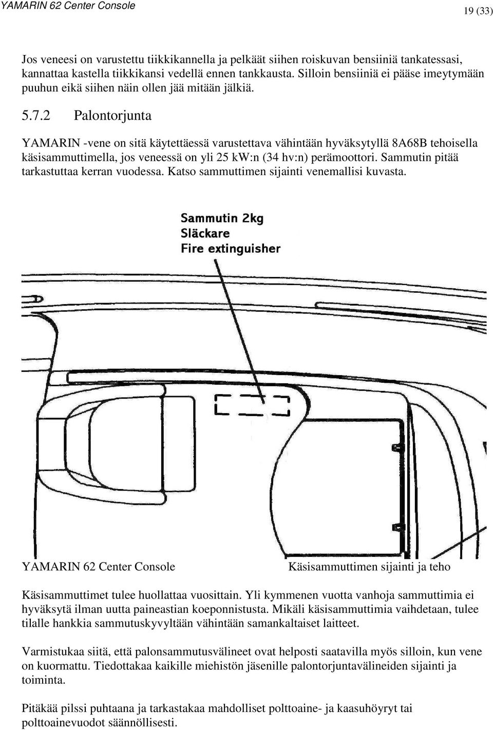 2 Palontorjunta YAMARIN -vene on sitä käytettäessä varustettava vähintään hyväksytyllä 8A68B tehoisella käsisammuttimella, jos veneessä on yli 25 kw:n (34 hv:n) perämoottori.