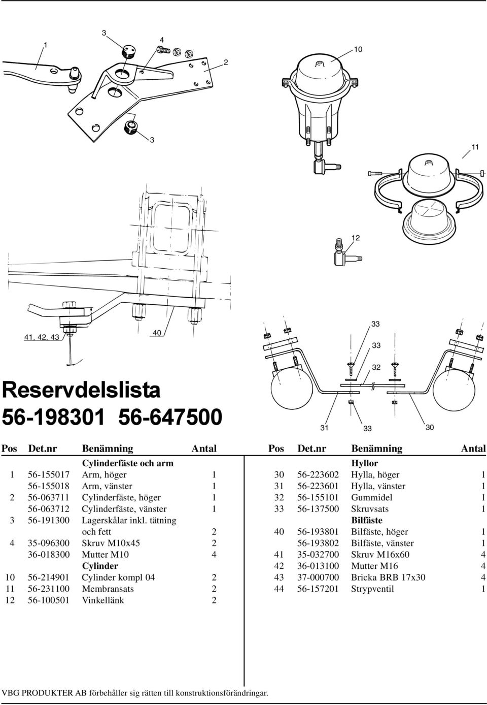 tätning och fett 2 4 35-096300 Skruv M10x45 2 36-018300 Mutter M10 4 Cylinder 10 56-214901 Cylinder kompl 04 2 11 56-231100 Membransats 2 12 56-100501 Vinkellänk 2 Hyllor 30 56-223602 Hylla, höger 1