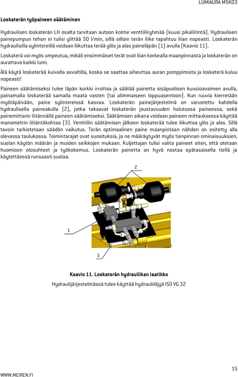 Loskaterän hydraulisilla sylintereillä voidaan liikuttaa terää ylös ja alas paineläpän (1) avulla (Kaavio 11).