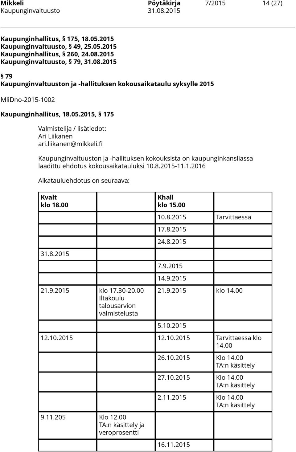2015, 175 Valmistelija / lisätiedot: Ari Liikanen ari.liikanen@mikkeli.fi Kaupunginvaltuuston ja -hallituksen kokouksista on kaupunginkansliassa laadittu ehdotus kokousaikatauluksi 10.8.2015-11.1.2016 Aikatauluehdotus on seuraava: Kvalt klo 18.