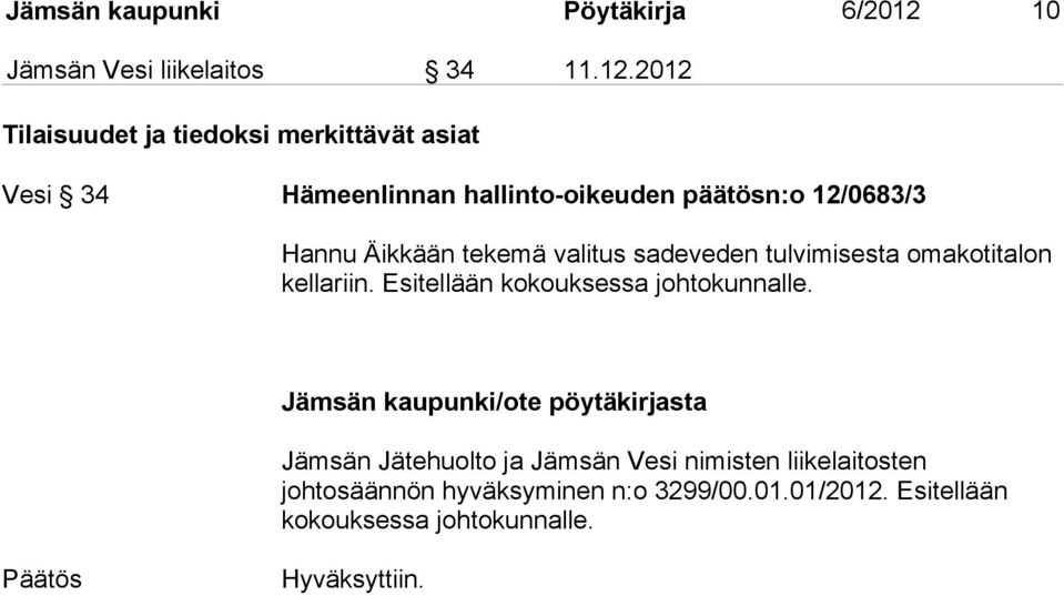 2012 Tilaisuudet ja tiedoksi merkittävät asiat Vesi 34 Hämeenlinnan hallinto-oikeuden päätösn:o 12/0683/3 Hannu Äikkään