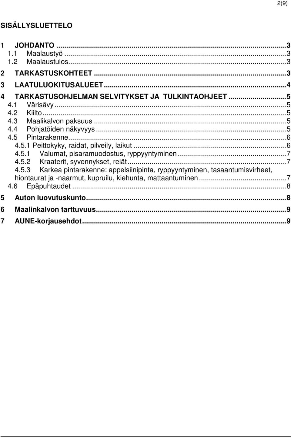 .. 6 4.5.1 Peittokyky, raidat, pilveily, laikut... 6 4.5.1 Valumat, pisaramuodostus, ryppyyntyminen... 7 4.5.2 Kraaterit, syvennykset, reiät... 7 4.5.3 Karkea pintarakenne: appelsiinipinta, ryppyyntyminen, tasaantumisvirheet, hiontaurat ja -naarmut, kupruilu, kiehunta, mattaantuminen.