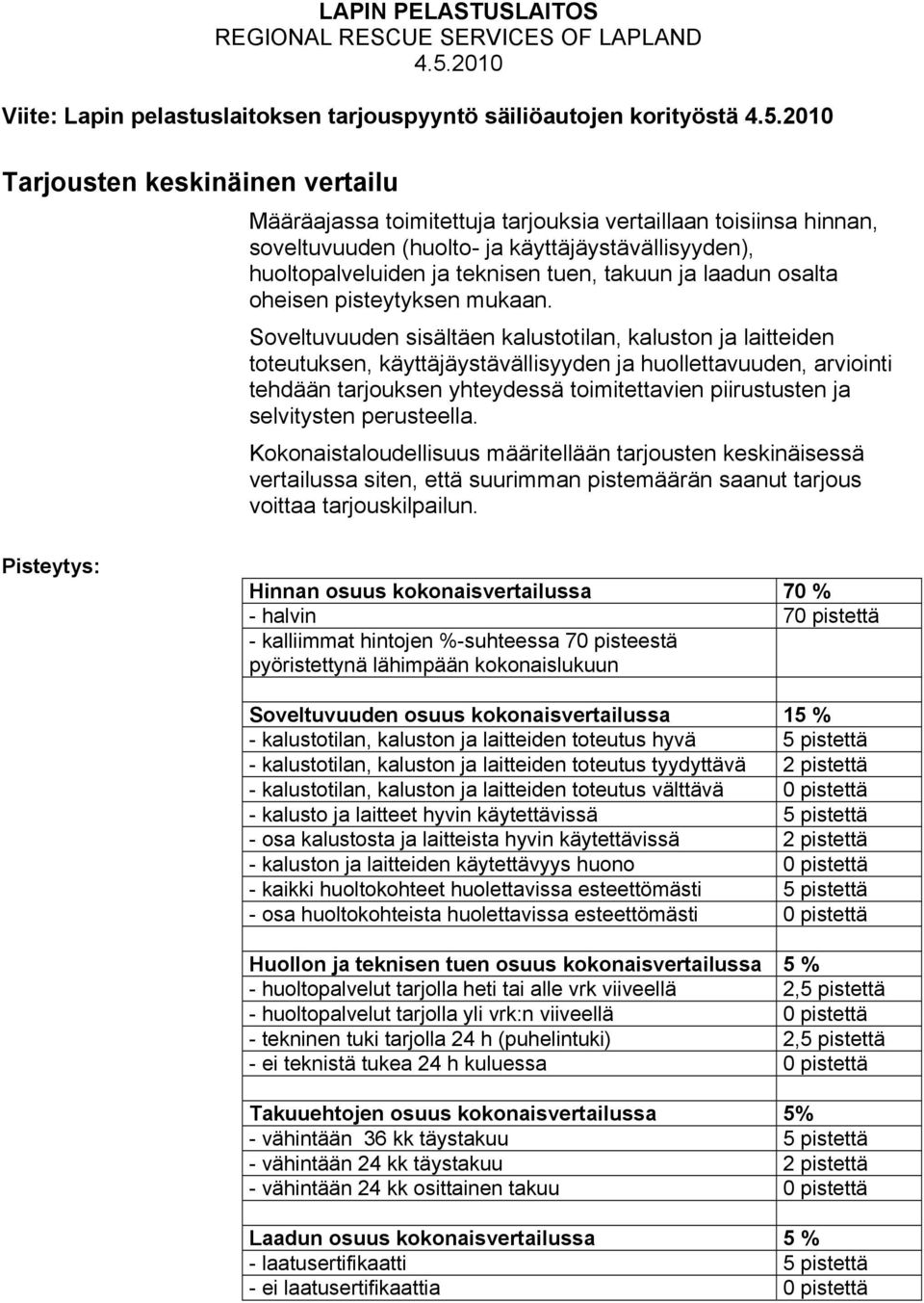 Soveltuvuuden sisältäen kalustotilan, kaluston ja laitteiden toteutuksen, käyttäjäystävällisyyden ja huollettavuuden, arviointi tehdään tarjouksen yhteydessä toimitettavien piirustusten ja