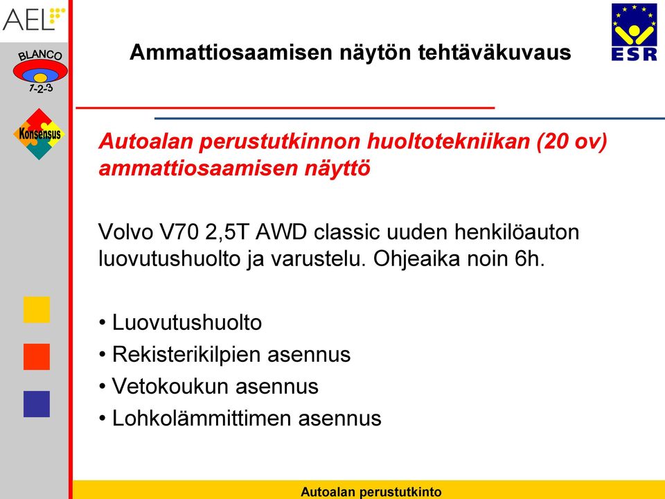 henkilöauton luovutushuolto ja varustelu. Ohjeaika noin 6h.