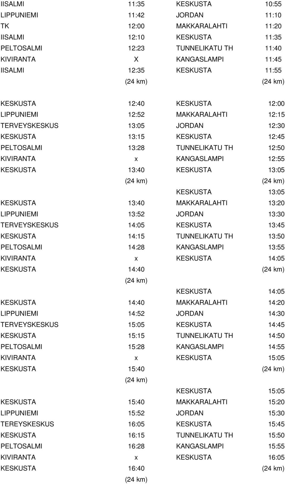 KIVIRANTA x KANGASLAMPI 12:55 KESKUSTA 13:40 KESKUSTA 13:05 (24 km) (24 km) KESKUSTA 13:05 KESKUSTA 13:40 MAKKARALAHTI 13:20 LIPPUNIEMI 13:52 JORDAN 13:30 TERVEYSKESKUS 14:05 KESKUSTA 13:45 KESKUSTA