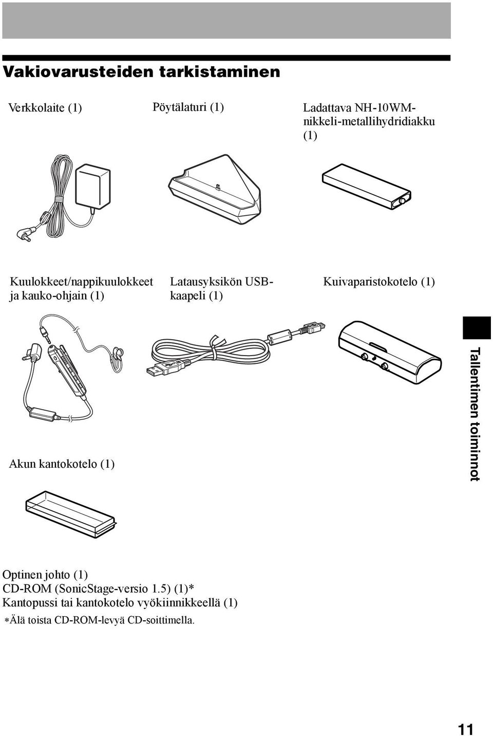 USBkaapeli (1) Kuivaparistokotelo (1) Akun kantokotelo (1) Tallentimen toiminnot Optinen johto (1)