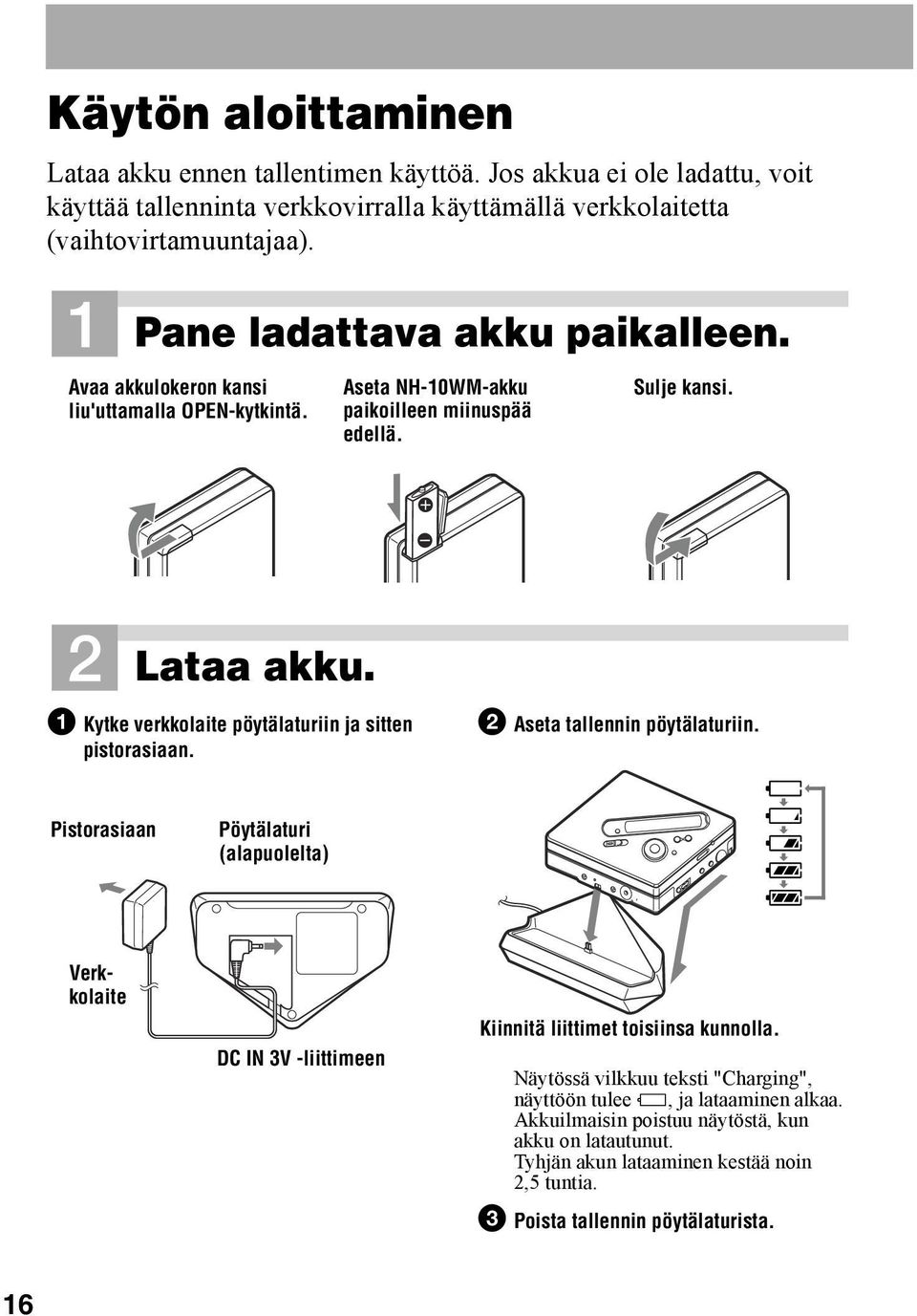 1 Kytke verkkolaite pöytälaturiin ja sitten pistorasiaan. 2 Aseta tallennin pöytälaturiin.