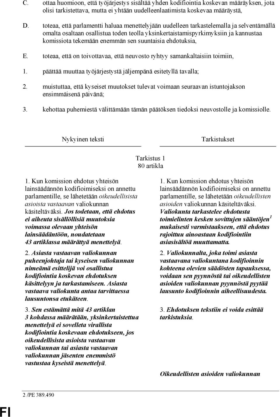 sen suuntaisia ehdotuksia, E. toteaa, että on toivottavaa, että neuvosto ryhtyy samankaltaisiin toimiin, 1. päättää muuttaa työjärjestystä jäljempänä esitetyllä tavalla; 2.